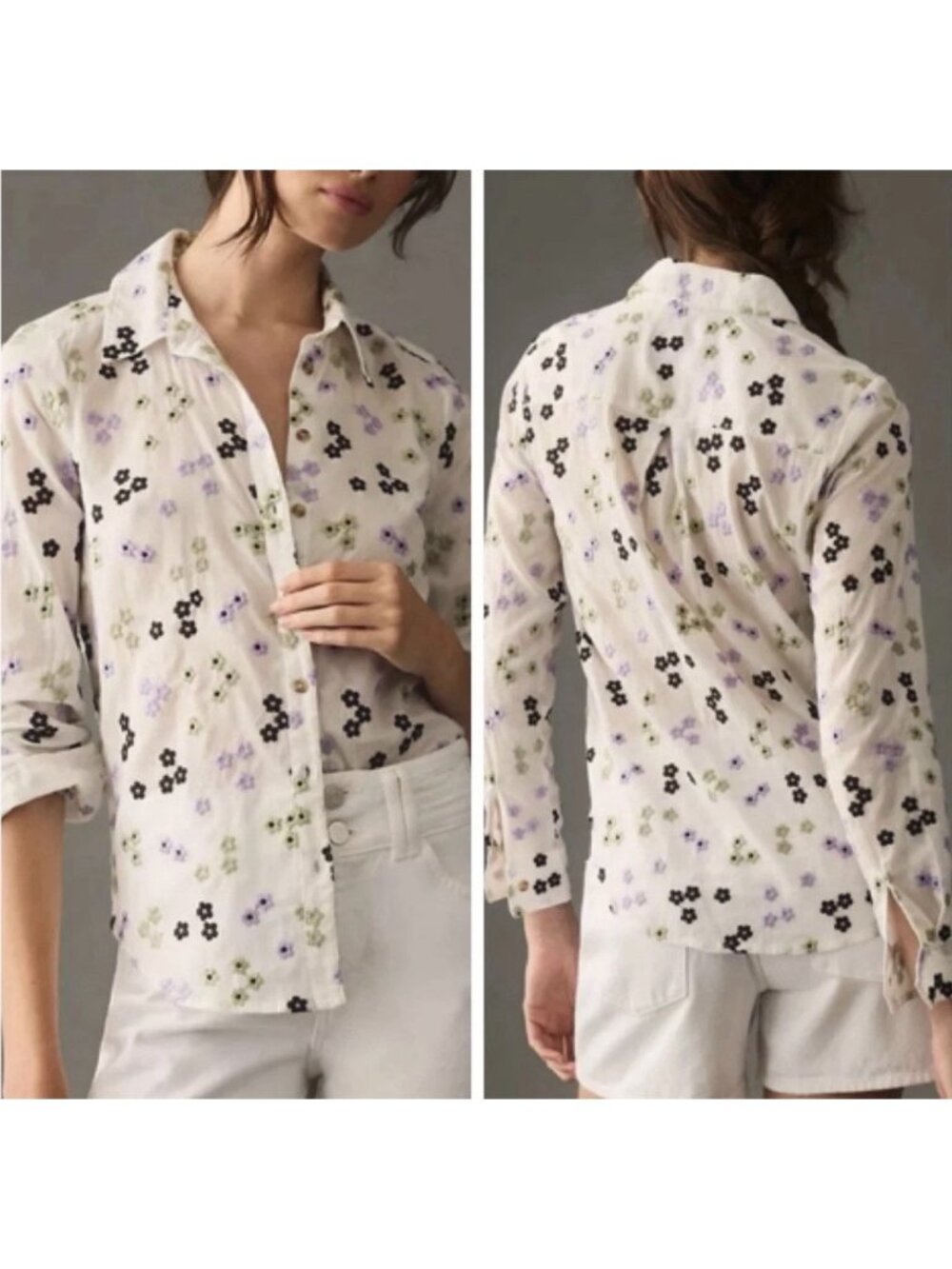 Anthropologie Maeve Button Up Embroidered Floral Lightweight Sz M